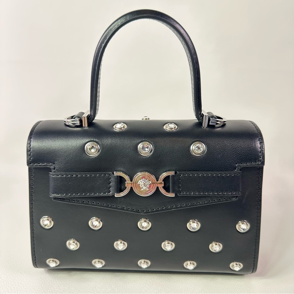 NEW! Versace Crystal Medusa 95 Studded Top Handle Shoulder Bag Black Lamb - Picture 1 of 11